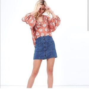 FP Come a Little Closer Denim Button-Front Skirt